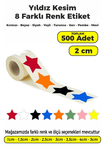 Karışık 8 Renk Yıldız Kesim Sticker Etiket 2cm - Toplam 500 Adet Çok Renkli