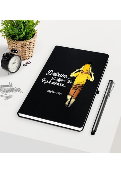 Kişiye Özel Babam Bildiğim Tek Kahraman Siyah Defter Kalem Seti Siyah
