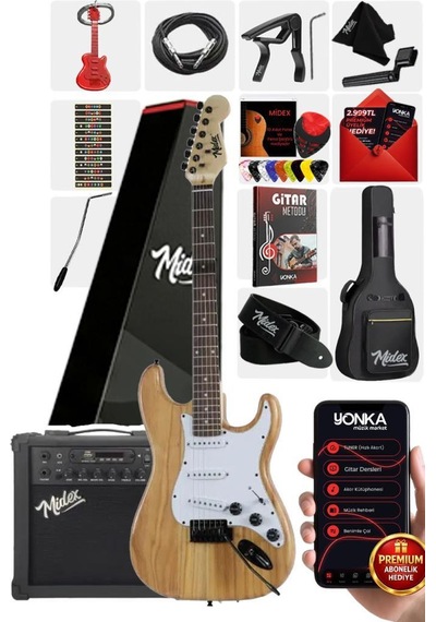 Midex Rph-320wd-25amp Ahşap Renk Strat Kasa Sss 25w Amfili Elektro Gitar Seti