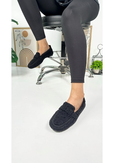 Günlük Kadın Loafer Peluş Astarlı Oval Burunlu Alçak Desenli Tabanlı Ayakkabı 375 Siyah