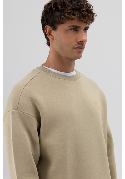 Vamos Oversize Bisiklet Yaka Baskılı Sweatshirt Haki