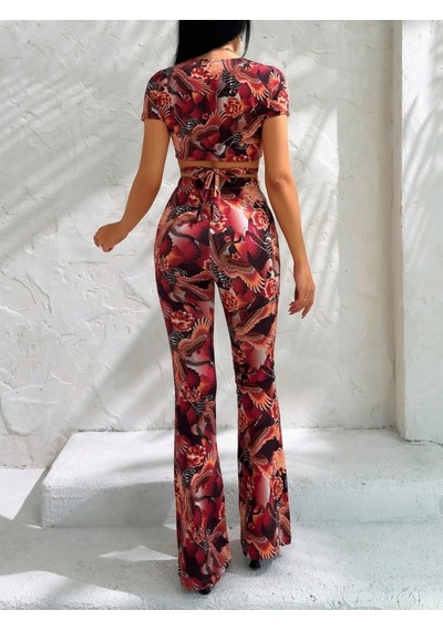 Defymoda Kadın Kısa Kollu Desenli Takım Desenli