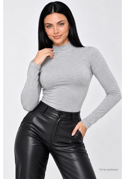 Cottonhıll Premium - Drape Collection Gri Melanj Viskon Balıkçı Yaka Uzun Kollu Çıtçıtlı Kadın Bodysuit