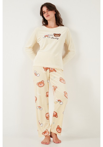 Lela Desenli Regular Fit Bisiklet Yaka Uzun Kollu Bayan Pijama Takımı 65713312 Sarı
