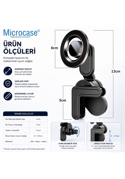 Manyetik Magsafe Araç İçi 360 Dönebilen Ekran Kenarı Klipsli Telefon Tutucu Al5762 Siyah