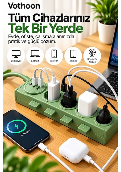4 Lü Akıllı Priz Tek Dokunuşla Fiş Çıkarma 2 Metre Kablo 2 Type-c + Usb 15w Hızlı Şarj 3680w Najmaddin Belirtilmemiş