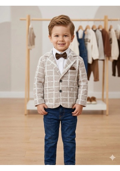 Erkek Çocuk Bej Kareli Blazer Ceketli Papyonlu 3 Lü Takım Beyaz