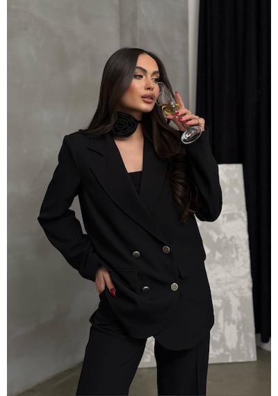 Msm Fashion Kadın İkili Blazer Ceket Pantolon Takım Aksesuar Ve Düğme Detaylı Bol Paça Siyah Msm Fashion Kadın İkili Blazer Ceket Pantolon Takım Aksesuar Ve Düğme Detaylı Bol Paça Siyah