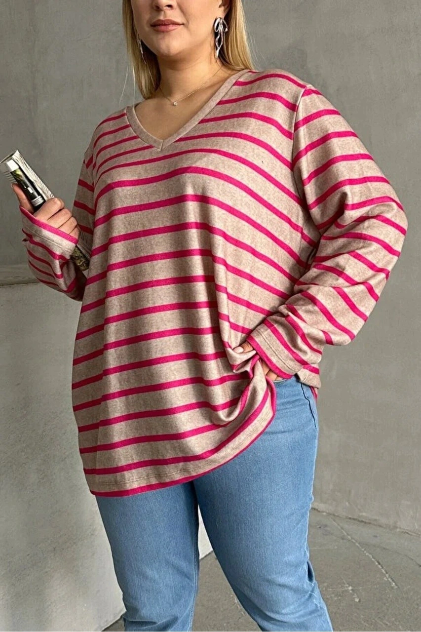 Mamayaga Kadın V Yaka Büyük Beden Oversize Kalıp Geniş Tunik Boy Yırtmaçlı Çizgili Uzun Kol Curve Yumoş Bluz Pembe