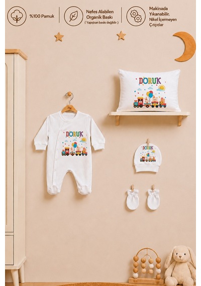 Pia Baby İsme Özel Erkek Bebek Tulum Seti %100 Pamuk Organik Baskılı Yastık Kılıfı Ve Battaniyeli Tulum 2050tyb3x Ekru