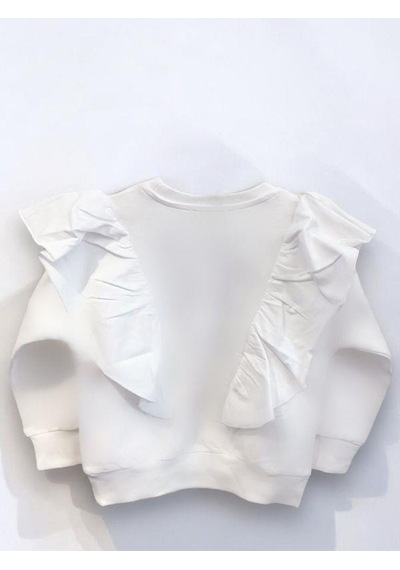 Kız Çocuk Pamuklu Orta Kalınlık Omuzları Fırfırlı Ve Nakışlı Sweatshirt-14447 Ekru