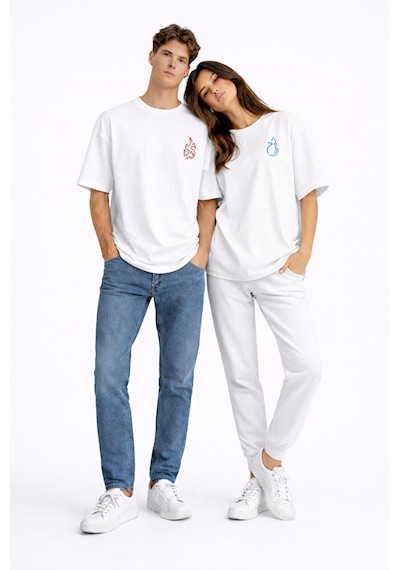Sevgili Kombini Ateş Su Minimal Çift Tişört Oversize Unisex Partn Beyaz