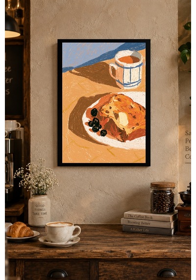 Tatlı Tabağı Ve Kahve Desenli Dekoratif Mdf Tablo, Çerçeve Görünümlü Ahşap Poster