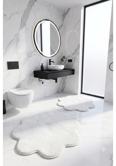 2'li Papatya Banyo Paspası Takımı Kaymaz Taban Yıkanabilir Peluş Pofuduk Post 80x80 - 100x100 Beyaz Beyaz
