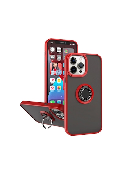 Apple Uyumlu iPhone 11 Pro Max Kılıf Yüzüklü Standlı Extra Darbe Koruma Sert Silikon Kapak Kırmızı