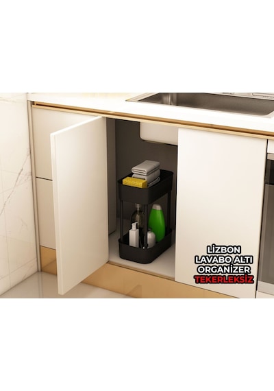 Lizbon Çok Amaçlı 2 Katlı Banyo Organizer Düzenleyici Dolap Içi Tezgah Altı Tekerleksiz Organizer Siyah