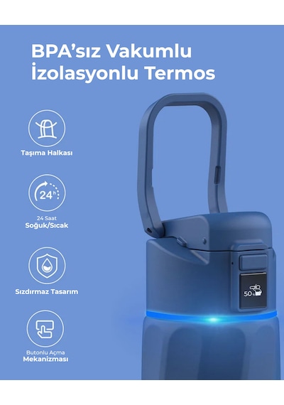Waterh Boost Akıllı Termos Hidrasyon Takibi Yapan, Yalıtımlı 0,71l / 24oz Akıllı Şişe Koyu Mavi