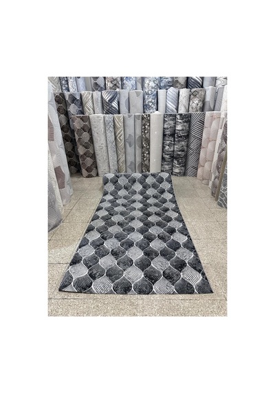 Nesrin Modern Siyah Gri Dalga Desenli Halı Kaymaz Jel Taban