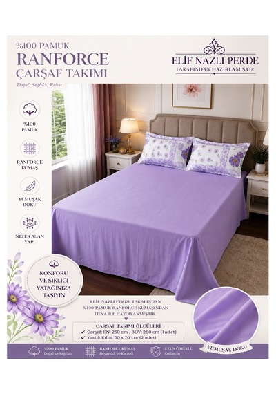 Çift Kişilik Çarşaf Takımı-% 100 Pamuk Lila