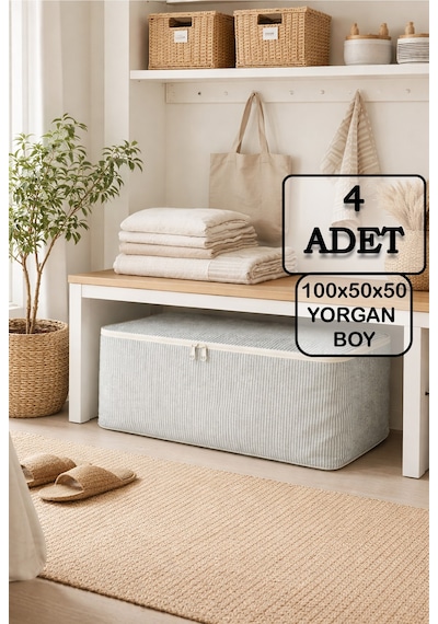 4'lü Set Gri Çizgili Yastık Ve Yorgan Saklama Hurcu - Mega Boy 100x50x50 Cm Diğer