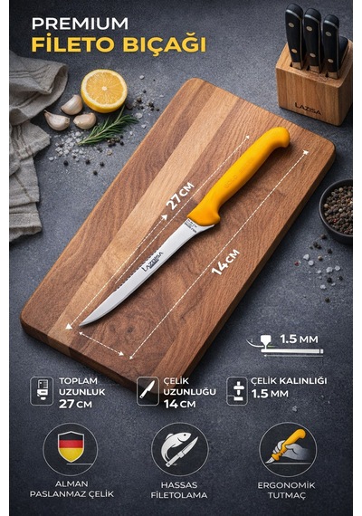 Lazbisa Mft-015 Gold Serisi Mutfak Fileto Bıçağı Steak Bıçak Et Balık Tavuk Fileto Bıçağı 2 Li Set Sarı