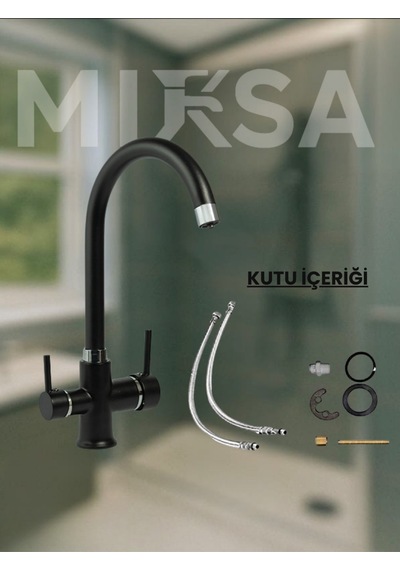 Siyah Baston Borulu 3 Girişli Arıtmalı Mutfak Eviye Bataryası Musluğu