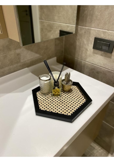 Rattan Hazeran Altıgen Tepsi Siyah %100 Doğal Hazeran