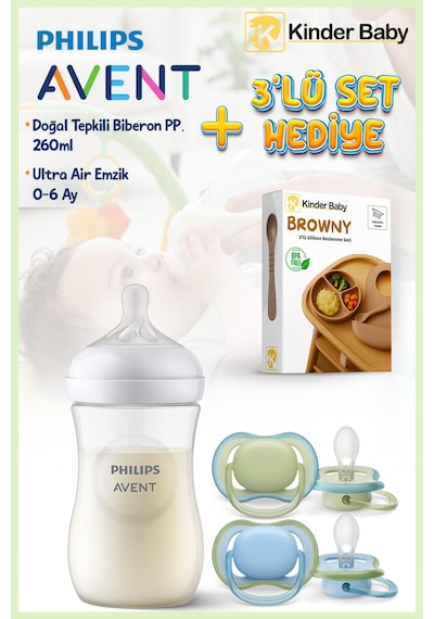 Doğal Tepkili Pp Biberon 260 Ml + 0-6 Ay Air Emzik + Beslenme Seti Hediyeli