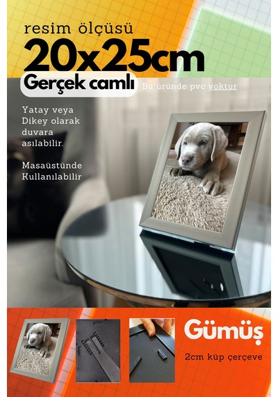 Fırçalı Gümüş-20mm Çerçeve Camlı 20x25 Cm Fotoğraf Resim Çerçevesi Ayaklı Veya Duvara Asma Yatay-dikey 18788589