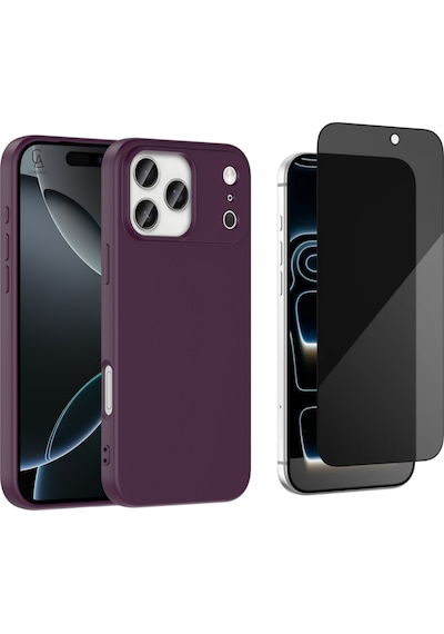 Apple Uyumlu iPhone 17 Pro Max Içi Kadife Lansman Kılıf Ve Hayalet Tam Kaplayan Cam Ekran Koruyucu Koyu Mor
