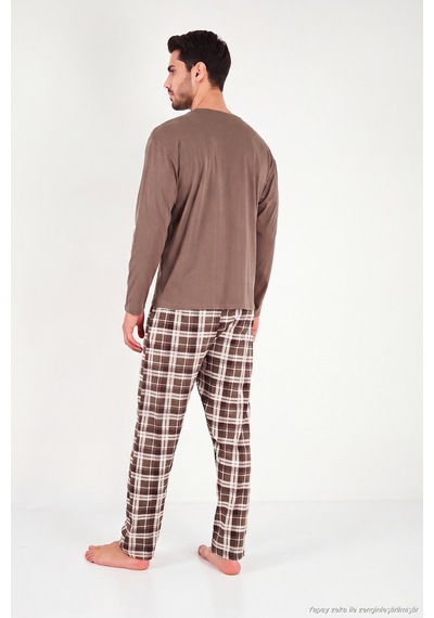 Buratti Ekoseli Pamuklu Bisiklet Yaka Uzun Kollu Pijama Takımı Erkek Pijama Takımı 6575003 Kahve