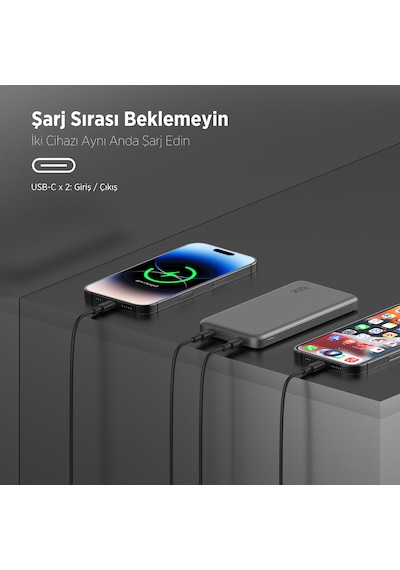Bix Pb113 10000mah Pd 20w Çift Usb-c Portlu Powerbank Koyu Gri