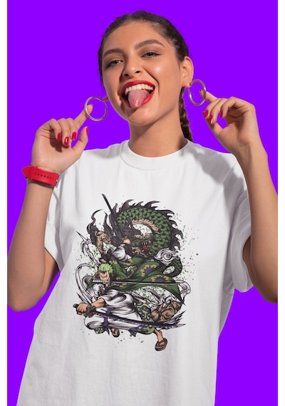 Tasarım Roronoa Zoro Baskılı Unisex Oversize One Piece Anime Kara Beyaz