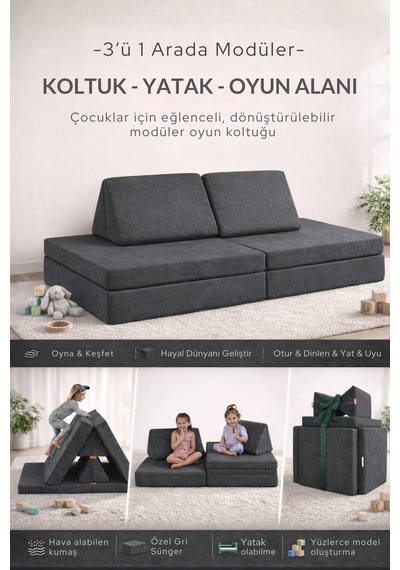 Katlanabilir Çocuk Koltuğu Yatak & Minder Çok Amaçlı Modüler Tasarım Antrasit