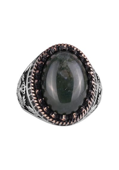 Gerçek Doğal Taş Yüzük - El Yapımı Kartal Yüzüğü - 925 Ayar Gümüş Moss Agate Yüzük Gümüş