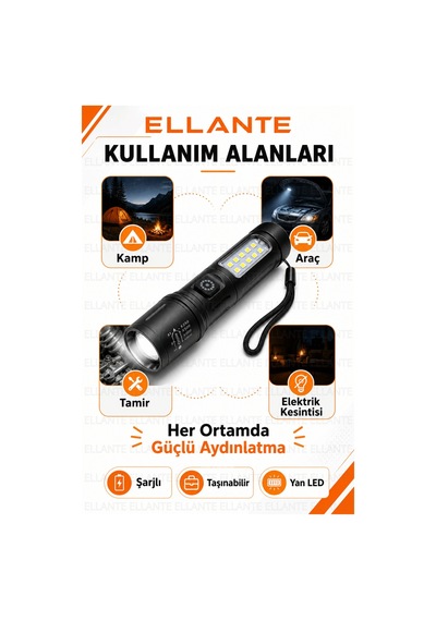 Şarjlı El Feneri 1000 Lümen 4000 Mah Bataryalı Type-c Şarjlı Yan Led Kamp Tamir Acil Durum Feneri Pd Çok Renkli