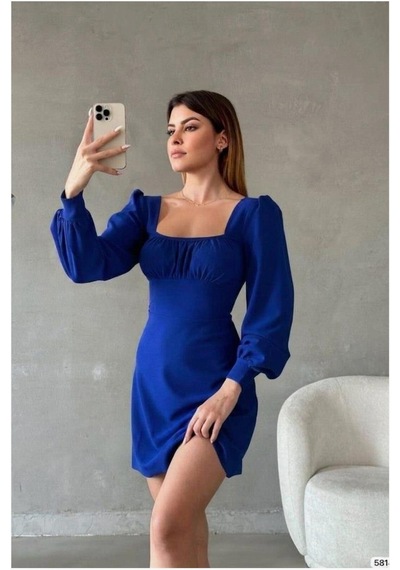 DefyModa Kadın Minimal Krep Kumaş Kare Yaka Uzun Kollu Elbise Saks
