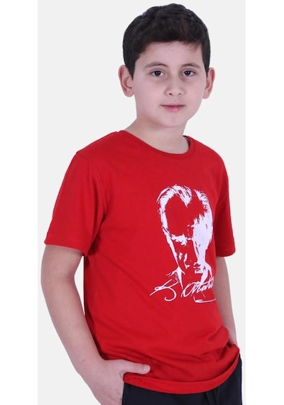Markahit Atatürk Baskılı İmzalı Kırmızı Unisex Çocuk T-shırt-kırmızı Kırmızı