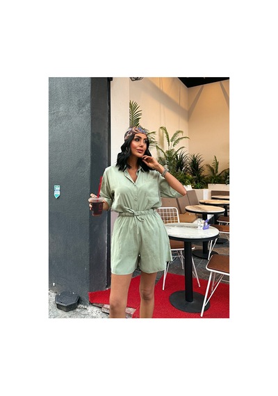 Nido Moda Kadın Cepli Oversize Gömlek Ve Beli Bağcıklı Şort İkili Takım Yeşil