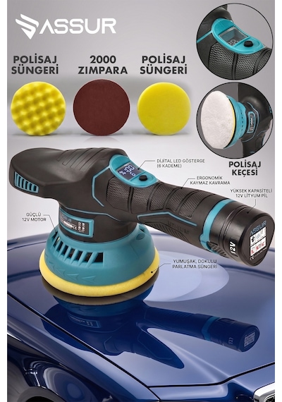 Assur 12 V Orbital 6 Kademeli Pasta Cila Kaporta Parlatma Şarjlı Polisaj Makinesi