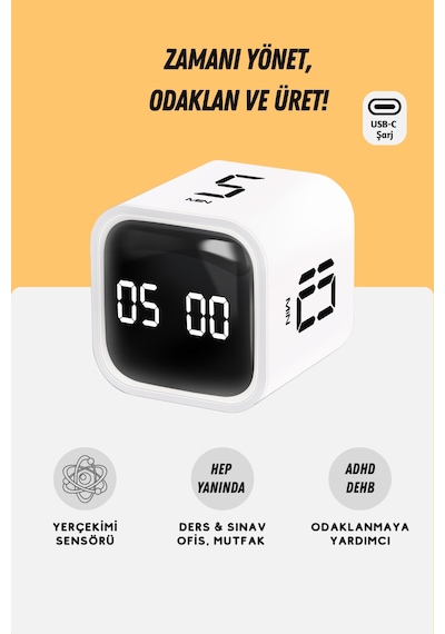 GWORKE  Gt-1 Pomodoro Zamanlayıcı Küp Flip Timer Öğrenci Ders Çalışma Saati, Mutfak Kronometresi - Beyaz