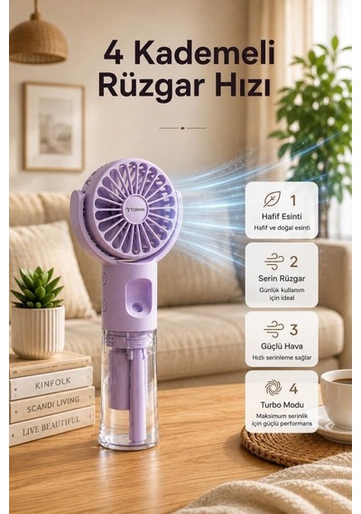 Premium Hava Cihazı Yaz Aksesuarı El Fanı Vantilatör Şarjlı Su Buharlı Mini Masa Fan F13 Mor