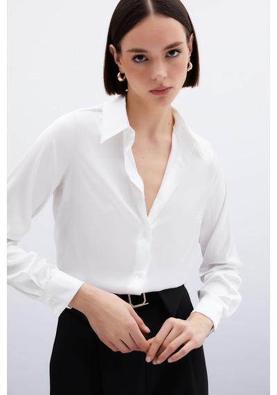 Sateen Oversize Saten Gömlek - Ekru