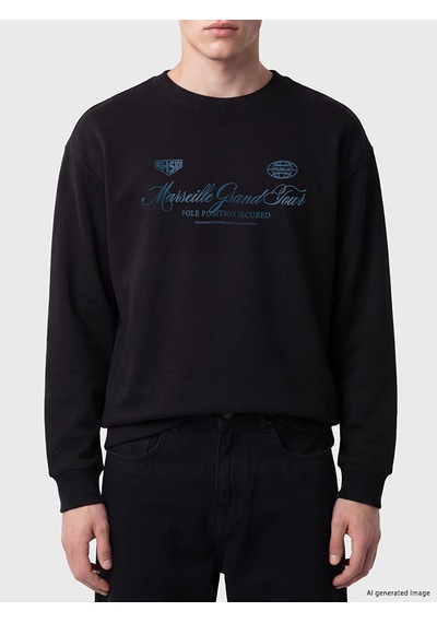 LC Waikiki Lc Waıkıkı Siyah Bisiklet Yaka Marseille Baskılı Erkek Sweatshirt