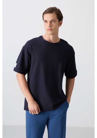 Tommy Life Lacivert Pamuklu Kalın Yüzeyi Dokulu Oversize Fit Basic Erkek T-shirt - 88339 Lacivert