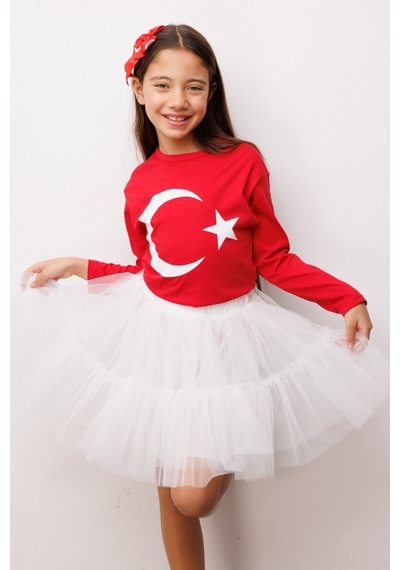 Le Mabelle Kırmızı Ay Yıldız Baskılı Uzun Kollu Çocuk Tişört Kırmızı