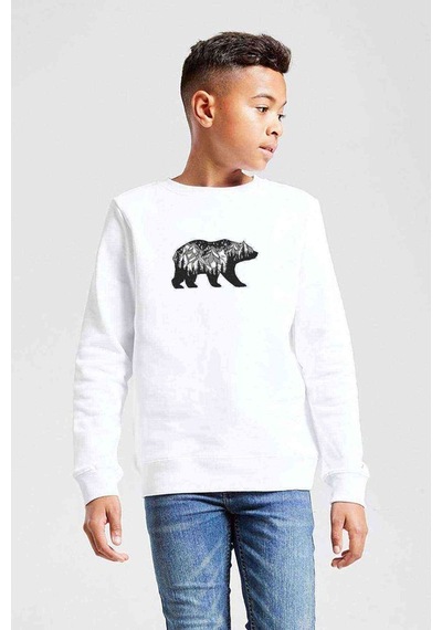 Tshirthane Silhouette California Bear Baskılı Unisex Çocuk Beyaz Sweatshirt Beyaz