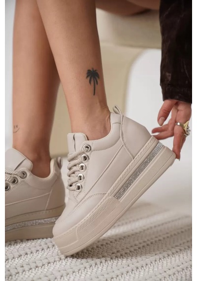 Trendella Kadın Bej Gizli Topuklu Sneaker Tr04ms01c Beyaz