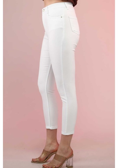 Kene Jeans Kadın Beyaz Yüksek Bel Keten Esnek Dar Paça Pantolon Beyaz
