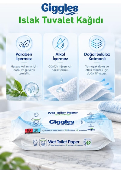 Giggles Islak Tuvalet Kağıdı Suda Çözünen Tuvalete Klozete Atılabilir Mendil 3 Paket 180 Adet